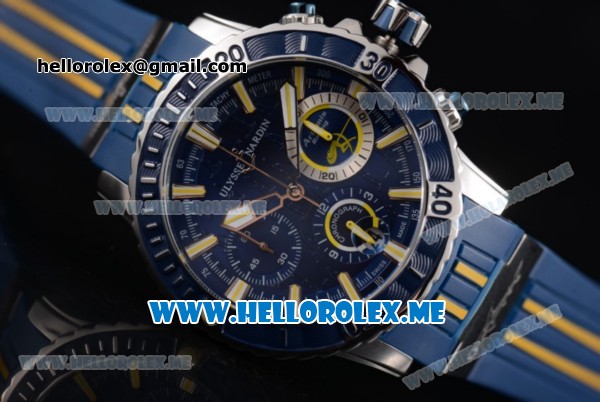 Ulysse Nardin Maxi Marine Diver Miyota OS20 Quartz Steel Case with Blue Dial and Blue Rubber Strap Yellow Stick Markers - Click Image to Close
